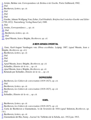1. Arnim, Bettina von. Correspondance de Bettina et de Goethe. Paris: Gallimard, 1942.
2. Ibid.
3. Beethoven, Lettres, op. cit.
4. Ibid.
5. Ibid.
6. Ibid.
7. Goethe, Johann Wolfgang Von; Zelter, Carl Friedrich. Briefwechsel zwischen Goethe und Zelter
(1799-1852). Nuremberg: Verlag Hans Carl, 1949.
8. Ibid.
9. Arnim, Correspondance…, op. cit.
10. Ibid.
11. Beethoven, Lettres, op. cit..
12. Ibid.
13. Apud Massin, Jean e Brigitte, Beethoven, op. cit.
A BEM-AMADA IMORTAL
1. Ense, Karl-August Varnhagen von. Obras escolhidas. Leipzig: 1887. (apud Massin, Jean e
Brigitte, Beethoven, op. cit.)
2. Beethoven, Lettres, op. cit.
3. Ibid.
4. Ibid.
5. Ibid.
6. Apud Massin, Jean e Brigitte, Beethoven, op. cit.
7. Schindler, Histoire de la vie..., op. cit.
8. Apud Massin, Jean e Brigitte, Beethoven, op. cit.
9. Relatado por Schindler, Histoire de la vie..., op. cit.
DEPRESSÃO
1. Beethoven, Les Cahiers de conversation (1819-1827), op. cit.
2. Ibid.
3. Beethoven, Lettres, op. cit.
4. Beethoven, Les Cahiers de conversation (1819-1827), op. cit.
5. Ibid.
6. Schindler, Histoire de la vie..., op. cit.
KARL
1. Beethoven, Lettres, op. cit.
2. Beethoven, Les Cahiers de conversation (1819-1827), op. cit.
3. Carta de Beethoven a Giannattasio, 1o de fevereiro de 1816 (apud Solomon, Beethoven, op.
cit.).
4. Beethoven, Lettres, op. cit.
5. Giannattasio del Rio, Fanny. Journal. In: Tablettes de la Schola, nov. 1912-jun. 1913.
 