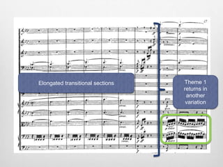 Elongated transitional sections Theme 1
returns in
another
variation
 