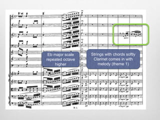 Eb major scale
repeated octave
higher
Strings with chords softly
Clarinet comes in with
melody (theme 1)
 