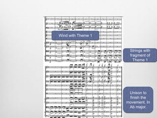 Wind with Theme 1
Strings with
fragment of
Theme 1
Unison to
finish the
movement. In
Ab major.
 