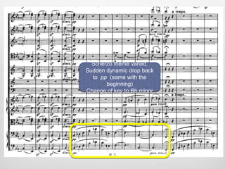 Scherzo theme varied.
Sudden dynamic drop back
to pp (same with the
beginning)
Change of key to Bb minor
 