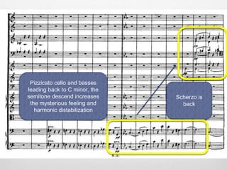Pizzicato cello and basses
leading back to C minor, the
semitone descend increases
the mysterious feeling and
harmonic distabilization
Scherzo is
back
 