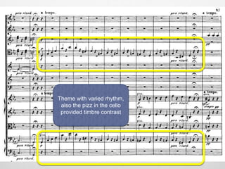 Theme with varied rhythm,
also the pizz in the cello
provided timbre contrast
 