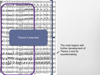 Theme 4 extended
The coda begins with
further development of
Theme 3 and its
countermelody.
 