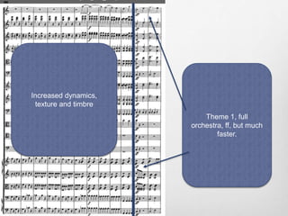 Increased dynamics,
texture and timbre
Theme 1, full
orchestra, ff, but much
faster.
 