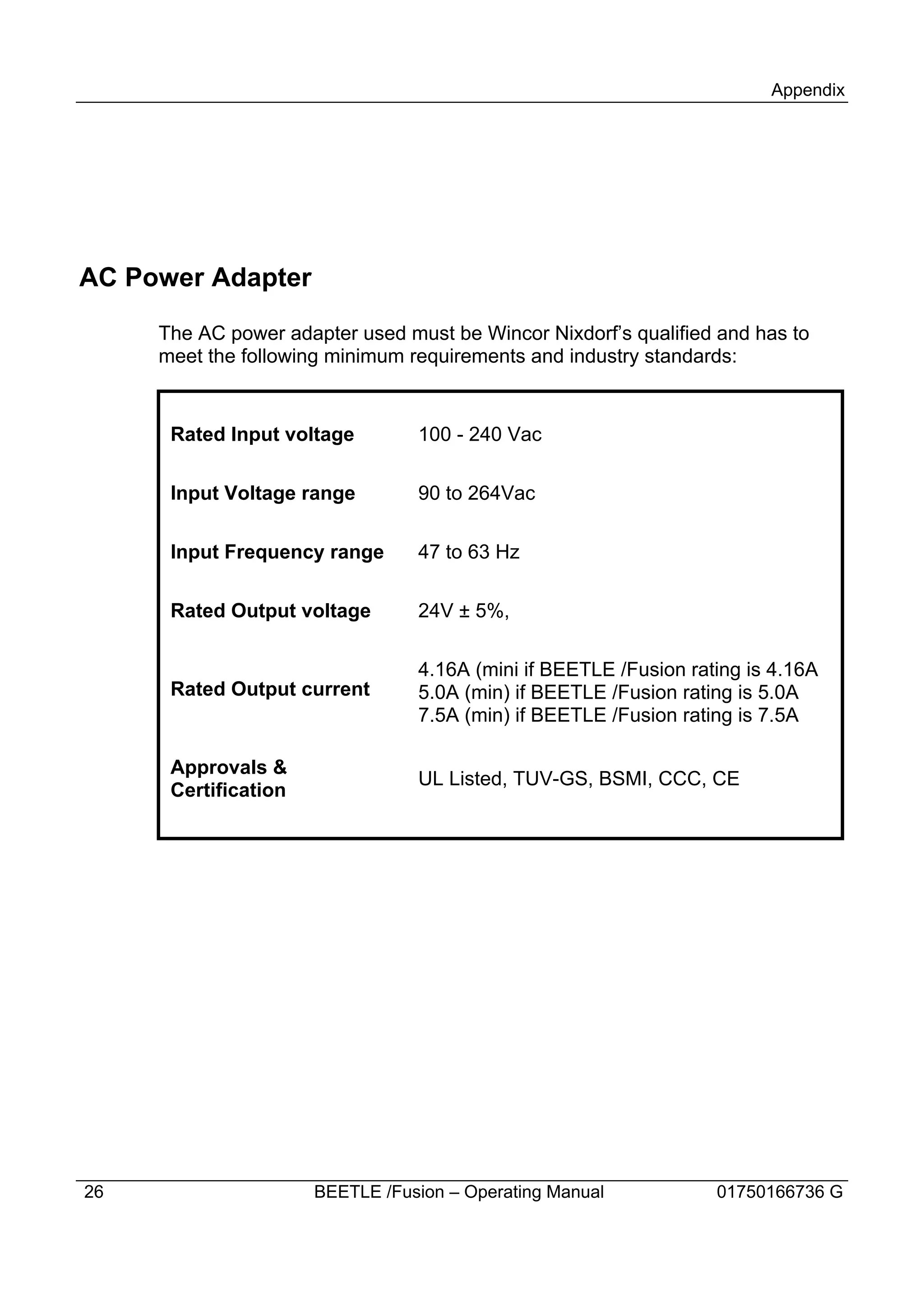 Appendix




AC Power Adapter

     The AC power adapter used must be Wincor Nixdorf’s qualified and has to
     meet the following minimum requirements and industry standards:


      Rated Input voltage        100 - 240 Vac

      Input Voltage range        90 to 264Vac

      Input Frequency range      47 to 63 Hz

      Rated Output voltage       24V ± 5%,

                                 4.16A (mini if BEETLE /Fusion rating is 4.16A
      Rated Output current       5.0A (min) if BEETLE /Fusion rating is 5.0A
                                 7.5A (min) if BEETLE /Fusion rating is 7.5A

      Approvals &
                                 UL Listed, TUV-GS, BSMI, CCC, CE
      Certification




26                    BEETLE /Fusion – Operating Manual           01750166736 G
 