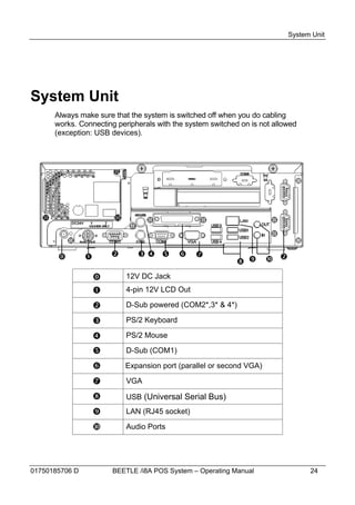 System Unit




System Unit
      Always make sure that the system is switched off when you do cabling
      works. Connecting peripherals with the system switched on is not allowed
      (exception: USB devices).




                                         
                                                                     

                           12V DC Jack
                           4-pin 12V LCD Out

                           D-Sub powered (COM2*,3* & 4*)

                           PS/2 Keyboard

                           PS/2 Mouse

                           D-Sub (COM1)

                           Expansion port (parallel or second VGA)

                           VGA

                           USB (Universal Serial Bus)
                           LAN (RJ45 socket)

                           Audio Ports




01750185706 D           BEETLE /i8A POS System – Operating Manual                 24
 