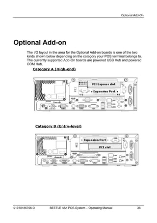 Optional Add-On




Optional Add-on
        The I/O layout in the area for the Optional Add-on boards is one of the two
        kinds shown below depending on the category your POS terminal belongs to.
        The currently supported Add-On boards are powered USB Hub and powered
        COM Hub.
           Category A (High-end)




                Category B (Entry-level)




01750185706 D          BEETLE /i8A POS System – Operating Manual               36
 
