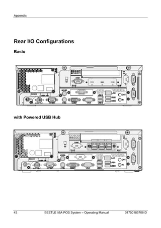 Appendix




Rear I/O Configurations
Basic




with Powered USB Hub




43           BEETLE /i8A POS System – Operating Manual   01750185706 D
 