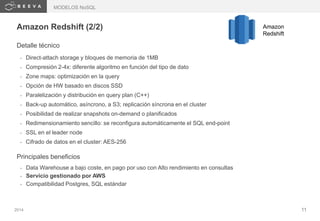 2014 11
Amazon Redshift (2/2) Amazon
Redshift
Detalle técnico
• Direct-attach storage y bloques de memoria de 1MB
• Compresión 2-4x: diferente algoritmo en función del tipo de dato
• Zone maps: optimización en la query
• Opción de HW basado en discos SSD
• Paralelización y distribución en query plan (C++)
• Back-up automático, asíncrono, a S3; replicación síncrona en el cluster
• Posibilidad de realizar snapshots on-demand o planificados
• Redimensionamiento sencillo: se reconfigura automáticamente el SQL end-point
• SSL en el leader node
• Cifrado de datos en el cluster: AES-256
Principales beneficios
• Data Warehouse a bajo coste, en pago por uso con Alto rendimiento en consultas
• Servicio gestionado por AWS
• Compatibilidad Postgres, SQL estándar
MODELOS NoSQL
 