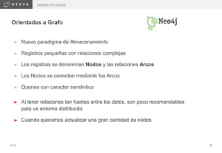 2014 8
Orientadas a Grafo
► Nuevo paradigma de Almacenamiento
► Registros pequeños con relaciones complejas
► Los registros se denominan Nodos y las relaciones Arcos
► Los Nodos se conectan mediante los Arcos
► Queries con caracter semántico
► Al tener relaciones tan fuertes entre los datos, son poco recomendables
para un entorno distribuído
► Cuando queramos actualizar una gran cantidad de nodos
MODELOS NoSQL
 