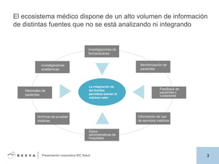 El ecosistema médico dispone de un alto volumen de información
de distintas fuentes que no se está analizando ni integrando

Investigaciones de
farmacéuticas
Monitorización de
pacientes

Investigaciones
académicas

Historiales de
pacientes

La integración de
las fuentes
permitiría extraer el
máximo valor

Feedback de
pacientes y
cuidadores

Información de uso
de servicios médicos

Archivos de pruebas
médicas
Datos
administrativos de
hospitales

Presentación corporativa IDC Salud

3

 