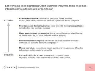 Las ventajas de la estrategia Open Business incluyen, tanto aspectos
internos como externos a la organización

EXTERNO

• Externalización del I+D: compañías y usuarios finales ayudan a
difundir, crear valor y redefinir los servicios y productos de una compañía
• Nuevos canales de distribución con coste reducido, marketplaces públicos o
semiabiertos, más clientes e ingresos
• Mayor exposición de los servicios de una compañía gracias a la utilización
de recursos propios por parte de terceros (APIs, widgets)
• Nuevos modelos de negocio basados en los datos: ingresos directos o
indirectos por consumo de información propia
• Mejora operativa y reducción de costes gracias a la integración de diferentes
aplicaciones y sistemas de la compañía

INTERNO

• Racionalización del acceso a datos de la compañía: mayor
seguridad, control y conocimiento del uso de los datos propios

Presentación corporativa IDC Salud

35

 