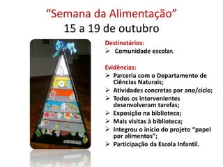 “Semana da Alimentação”
15 a 19 de outubro
Destinatários:
 Comunidade escolar.
Evidências:
 Parceria com o Departamento de
Ciências Naturais;
 Atividades concretas por ano/ciclo;
 Todos os intervenientes
desenvolveram tarefas;
 Exposição na biblioteca;
 Mais visitas à biblioteca;
 Integrou o início do projeto “papel
por alimentos”;
 Participação da Escola Infantil.
 
