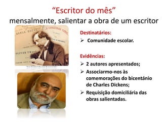 “Escritor do mês”
mensalmente, salientar a obra de um escritor
Destinatários:
 Comunidade escolar.
Evidências:
 2 autores apresentados;
 Associarmo-nos às
comemorações do bicentánio
de Charles Dickens;
 Requisição domiciliária das
obras salientadas.
 