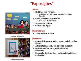 “Exposições”
Temas:
 Histórias com história
 Trabalhos da “Oficina de Histórias” – Ensino
Especial
 Cores, Emoções, Expressões
 Exposição de Cerâmica
 Semana da Leitura
 Semana da Água
Destinatários:
 Comunidade escolar.
Evidências:
 4 exposições construídas com os trabalhos dos
alunos;
 A biblioteca ganhou um colorido especial;
 Mais visitas/entradas/utilizadores na
biblioteca.
 Exposição de Cerâmica – registou 86 opiniões
assinadas.
Histórias com história
Exposição de Cerâmica
 