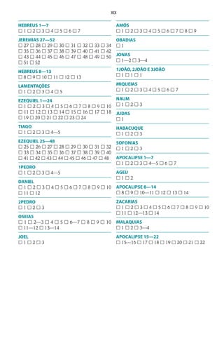 XIX
HEBREUS 1—7
£ 1 £ 2 £ 3 £ 4 £ 5 £ 6 £ 7
JEREMIAS 27—52
£ 27 £ 28 £ 29 £ 30 £ 31 £ 32 £ 33 £ 34
£ 35 £ 36 £ 37 £ 38 £ 39 £ 40 £ 41 £ 42
£ 43 £ 44 £ 45 £ 46 £ 47 £ 48 £ 49 £ 50
£ 51 £ 52
HEBREUS 8—13
£ 8 £ 9 £ 10 £ 11 £ 12 £ 13
LAMENTAÇÕES
£ 1 £ 2 £ 3 £ 4 £ 5
EZEQUIEL 1—24
£ 1 £ 2 £ 3 £ 4 £ 5 £ 6 £ 7 £ 8 £ 9 £ 10
£ 11 £ 12 £ 13 £ 14 £ 15 £ 16 £ 17 £ 18
£ 19 £ 20 £ 21 £ 22 £ 23 £ 24
TIAGO
£ 1 £ 2 £ 3 £ 4—5
EZEQUIEL 25—48
£ 25 £ 26 £ 27 £ 28 £ 29 £ 30 £ 31 £ 32
£ 33 £ 34 £ 35 £ 36 £ 37 £ 38 £ 39 £ 40
£ 41 £ 42 £ 43 £ 44 £ 45 £ 46 £ 47 £ 48
1PEDRO
£ 1 £ 2 £ 3 £ 4—5
DANIEL
£ 1 £ 2 £ 3 £ 4 £ 5 £ 6 £ 7 £ 8 £ 9 £ 10
£ 11 £ 12
2PEDRO
£ 1 £ 2 £ 3
OSEIAS
£ 1 £ 2—3 £ 4 £ 5 £ 6—7 £ 8 £ 9 £ 10
£ 11—12 £ 13—14
JOEL
£ 1 £ 2 £ 3
AMÓS
£ 1 £ 2 £ 3 £ 4 £ 5 £ 6 £ 7 £ 8 £ 9
OBADIAS
£ 1
JONAS
£ 1—2 £ 3—4
1JOÃO, 2JOÃO E 3JOÃO
£ 1 £ 1 £ 1
MIQUEIAS
£ 1 £ 2 £ 3 £ 4 £ 5 £ 6 £ 7
NAUM
£ 1 £ 2 £ 3
JUDAS
£ 1
HABACUQUE
£ 1 £ 2 £ 3
SOFONIAS
£ 1 £ 2 £ 3
APOCALIPSE 1—7
£ 1 £ 2 £ 3 £ 4—5 £ 6 £ 7
AGEU
£ 1 £ 2
APOCALIPSE 8—14
£ 8 £ 9 £ 10—11 £ 12 £ 13 £ 14
ZACARIAS
£ 1 £ 2 £ 3 £ 4 £ 5 £ 6 £ 7 £ 8 £ 9 £ 10
£ 11 £ 12—13 £ 14
MALAQUIAS
£ 1 £ 2 £ 3—4
APOCALIPSE 15—22
£ 15—16 £ 17 £ 18 £ 19 £ 20 £ 21 £ 22
 