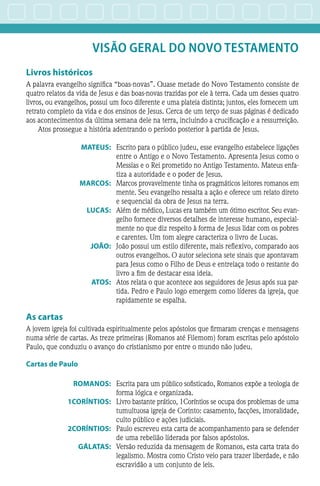 VISÃO GERAL do NOVO TESTAMENTO
Livros históricos
A palavra evangelho significa “boas-novas”. Quase metade do Novo Testamento consiste de
quatro relatos da vida de Jesus e das boas-novas trazidas por ele à terra. Cada um desses quatro
livros, ou evangelhos, possui um foco diferente e uma plateia distinta; juntos, eles fornecem um
retrato completo da vida e dos ensinos de Jesus. Cerca de um terço de suas páginas é dedicado
aos acontecimentos da última semana dele na terra, incluindo a crucificação e a ressurreição.
Atos prossegue a história adentrando o período posterior à partida de Jesus.
	MATEUS:	 Escrito para o público judeu, esse evangelho estabelece ligações
entre o Antigo e o Novo Testamento. Apresenta Jesus como o
Messias e o Rei prometido no Antigo Testamento. Mateus enfa-
tiza a autoridade e o poder de Jesus.
	MARCOS:	 Marcos provavelmente tinha os pragmáticos leitores romanos em
mente. Seu evangelho ressalta a ação e oferece um relato direto
e sequencial da obra de Jesus na terra.
	LUCAS:	 Além de médico, Lucas era também um ótimo escritor. Seu evan-
gelho fornece diversos detalhes de interesse humano, especial-
mente no que diz respeito à forma de Jesus lidar com os pobres
e carentes. Um tom alegre caracteriza o livro de Lucas.
	JOÃO:	 João possui um estilo diferente, mais reflexivo, comparado aos
outros evangelhos. O autor seleciona sete sinais que apontavam
para Jesus como o Filho de Deus e entrelaça todo o restante do
livro a fim de destacar essa ideia.
	ATOS:	 Atos relata o que acontece aos seguidores de Jesus após sua par-
tida. Pedro e Paulo logo emergem como líderes da igreja, que
rapidamente se espalha.
As cartas
A jovem igreja foi cultivada espiritualmente pelos apóstolos que firmaram crenças e mensagens
numa série de cartas. As treze primeiras (Romanos até Filemom) foram escritas pelo apóstolo
Paulo, que conduziu o avanço do cristianismo por entre o mundo não judeu.
Cartas de Paulo
	ROMANOS:	 Escrita para um público sofisticado, Romanos expõe a teologia de
forma lógica e organizada.
	1CORÍNTIOS:	 Livro bastante prático, 1Coríntios se ocupa dos problemas de uma
tumultuosa igreja de Corinto:casamento, facções, imoralidade,
culto público e ações judiciais.
	2CORÍNTIOS:	 Paulo escreveu esta carta de acompanhamento para se defender
de uma rebelião liderada por falsos apóstolos.
	GÁLATAS:	 Versão reduzida da mensagem de Romanos, esta carta trata do
legalismo. Mostra como Cristo veio para trazer liberdade, e não
escravidão a um conjunto de leis.
 