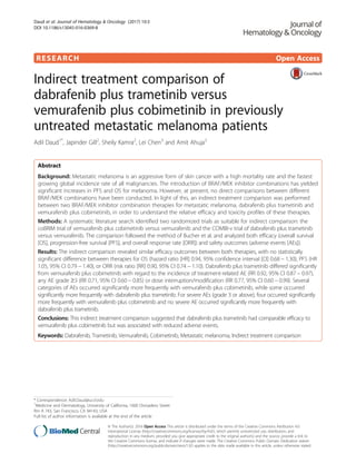 RESEARCH Open Access
Indirect treatment comparison of
dabrafenib plus trametinib versus
vemurafenib plus cobimetinib in previously
untreated metastatic melanoma patients
Adil Daud1*
, Japinder Gill2
, Sheily Kamra2
, Lei Chen3
and Amit Ahuja2
Abstract
Background: Metastatic melanoma is an aggressive form of skin cancer with a high mortality rate and the fastest
growing global incidence rate of all malignancies. The introduction of BRAF/MEK inhibitor combinations has yielded
significant increases in PFS and OS for melanoma. However, at present, no direct comparisons between different
BRAF/MEK combinations have been conducted. In light of this, an indirect treatment comparison was performed
between two BRAF/MEK inhibitor combination therapies for metastatic melanoma, dabrafenib plus trametinib and
vemurafenib plus cobimetinib, in order to understand the relative efficacy and toxicity profiles of these therapies.
Methods: A systematic literature search identified two randomized trials as suitable for indirect comparison: the
coBRIM trial of vemurafenib plus cobimetinib versus vemurafenib and the COMBI-v trial of dabrafenib plus trametinib
versus vemurafenib. The comparison followed the method of Bucher et al. and analyzed both efficacy (overall survival
[OS], progression-free survival [PFS], and overall response rate [ORR]) and safety outcomes (adverse events [AEs]).
Results: The indirect comparison revealed similar efficacy outcomes between both therapies, with no statistically
significant difference between therapies for OS (hazard ratio [HR] 0.94, 95% confidence interval [CI] 0.68 − 1.30), PFS (HR
1.05, 95% CI 0.79 − 1.40), or ORR (risk ratio [RR] 0.90, 95% CI 0.74 − 1.10). Dabrafenib plus trametinib differed significantly
from vemurafenib plus cobimetinib with regard to the incidence of treatment-related AE (RR 0.92, 95% CI 0.87 − 0.97),
any AE grade ≥3 (RR 0.71, 95% CI 0.60 − 0.85) or dose interruption/modification (RR 0.77, 95% CI 0.60 − 0.99). Several
categories of AEs occurred significantly more frequently with vemurafenib plus cobimetinib, while some occurred
significantly more frequently with dabrafenib plus trametinib. For severe AEs (grade 3 or above), four occurred significantly
more frequently with vemurafenib plus cobimetinib and no severe AE occurred significantly more frequently with
dabrafenib plus trametinib.
Conclusions: This indirect treatment comparison suggested that dabrafenib plus trametinib had comparable efficacy to
vemurafenib plus cobimetinib but was associated with reduced adverse events.
Keywords: Dabrafenib, Trametinib, Vemurafenib, Cobimetinib, Metastatic melanoma, Indirect treatment comparison
* Correspondence: Adil.Daud@ucsf.edu
1
Medicine and Dermatology, University of California, 1600 Divisadero Street
Rm A 743, San Francisco, CA 94143, USA
Full list of author information is available at the end of the article
© The Author(s). 2016 Open Access This article is distributed under the terms of the Creative Commons Attribution 4.0
International License (http://creativecommons.org/licenses/by/4.0/), which permits unrestricted use, distribution, and
reproduction in any medium, provided you give appropriate credit to the original author(s) and the source, provide a link to
the Creative Commons license, and indicate if changes were made. The Creative Commons Public Domain Dedication waiver
(http://creativecommons.org/publicdomain/zero/1.0/) applies to the data made available in this article, unless otherwise stated.
Daud et al. Journal of Hematology & Oncology (2017) 10:3
DOI 10.1186/s13045-016-0369-8
 