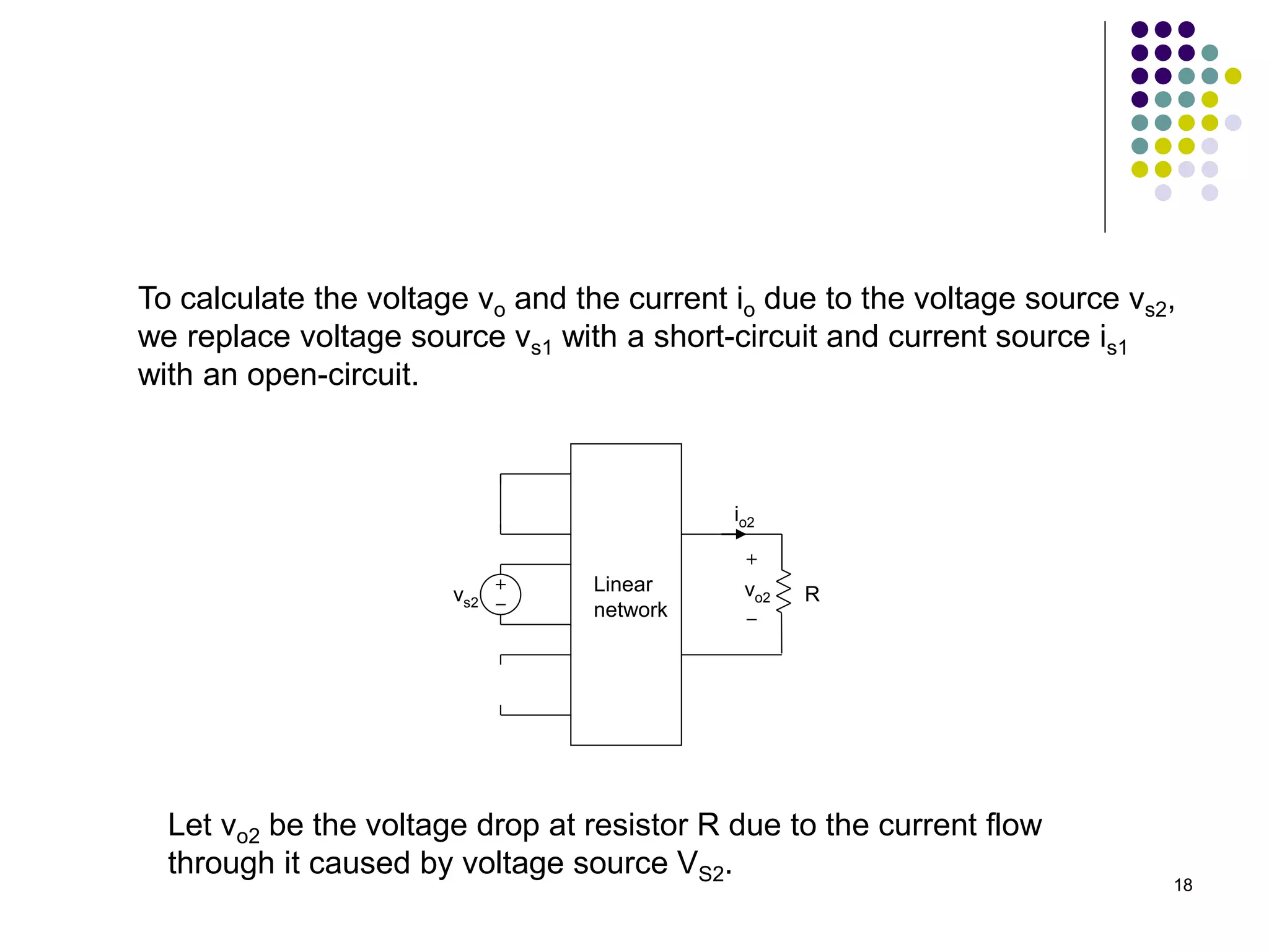 18
To calculate the voltage vo and the current io due to the voltage source vs2,
we replace voltage source vs1 with a short-circuit and current source is1
with an open-circuit.
vs2 R
io2
vo2
Linear
network
Let vo2 be the voltage drop at resistor R due to the current flow
through it caused by voltage source VS2.
 