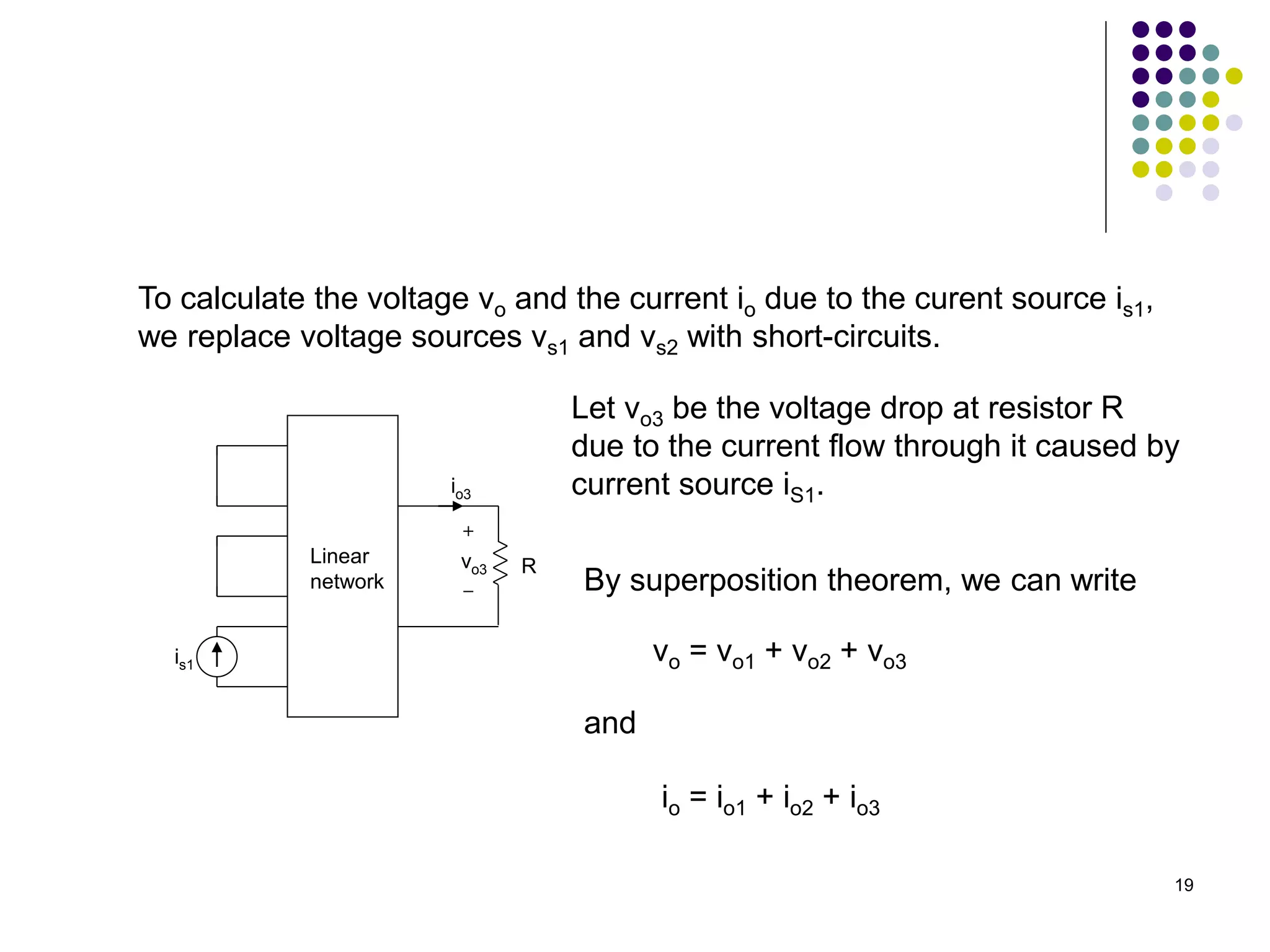 19
To calculate the voltage vo and the current io due to the curent source is1,
we replace voltage sources vs1 and vs2 with short-circuits.
is1
R
io3
vo3
Linear
network By superposition theorem, we can write
vo = vo1 + vo2 + vo3
and
io = io1 + io2 + io3
Let vo3 be the voltage drop at resistor R
due to the current flow through it caused by
current source iS1.
 