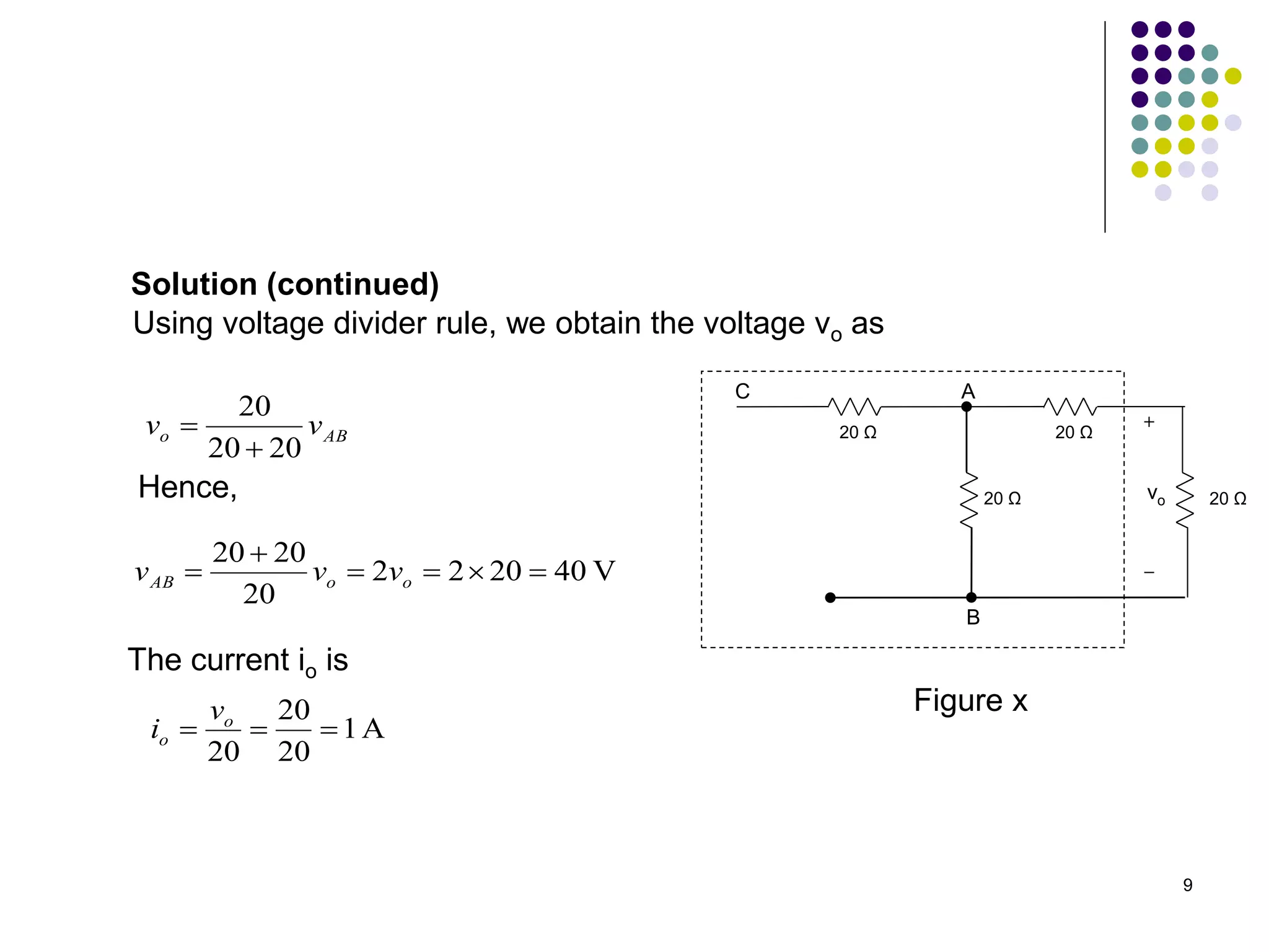 9
V
40
20
2
2
20
20
20





 o
o
AB v
v
v
AB
o v
v
20
20
20


Solution (continued)
Using voltage divider rule, we obtain the voltage vo as
Hence,
The current io is
A
1
20
20
20


 o
o
v
i
20 Ω
20 Ω
20 Ω
vo
20 Ω
A
B
C
Figure x
 