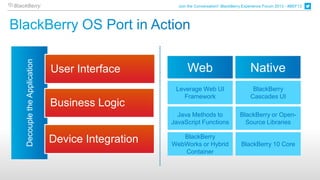 Join the Conversation! BlackBerry Experience Forum 2013 - #BEF13
                                                                                                                     6



Decouple the Application




                           User Interface             Web                              Native
                                                 Leverage Web UI                        BlackBerry
                                                    Framework                          Cascades UI
                           Business Logic
                                                  Java Methods to                BlackBerry or Open-
                                                JavaScript Functions               Source Libraries

                                                   BlackBerry
                           Device Integration   WebWorks or Hybrid                BlackBerry 10 Core
                                                   Container
 