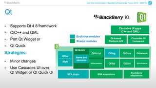 Join the Conversation! BlackBerry Experience Forum 2013 - #BEF13




•   Supports Qt 4.8 framework
                                                                                         Cascades UI apps
                                                                                          (C++ and QML)
•   C/C++ and QML
                                           Exclusive modules
                                                                               Qt-based               Cascades UI
•   Port Qt Widget or                      Shared modules                     Platform API             framework

•   Qt Quick
                                          Qt Quick
Strategies:                                                QtScript          QtSvg           QtCore        QtNetwork
                                QtGui
                                           Items and
                                            elements
•   Minor changes               Style
                                                          QtDeclarative       QtSql          QtXml          QtXmlPatterns


•   Use Cascades UI over
    Qt Widget or Qt Quick UI        QPA plugin                    QNX adaptations
                                                                                                     BlackBerry
                                                                                                     adaptations
 
