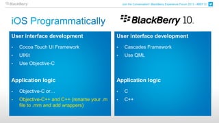 Join the Conversation! BlackBerry Experience Forum 2013 - #BEF13




User interface development                  User interface development
•   Cocoa Touch UI Framework                •    Cascades Framework
•   UIKit                                   •    Use QML
•   Use Objective-C


Application logic                           Application logic
•   Objective-C or…                         •    C
•   Objective-C++ and C++ (rename your .m   •    C++
    file to .mm and add wrappers)
 