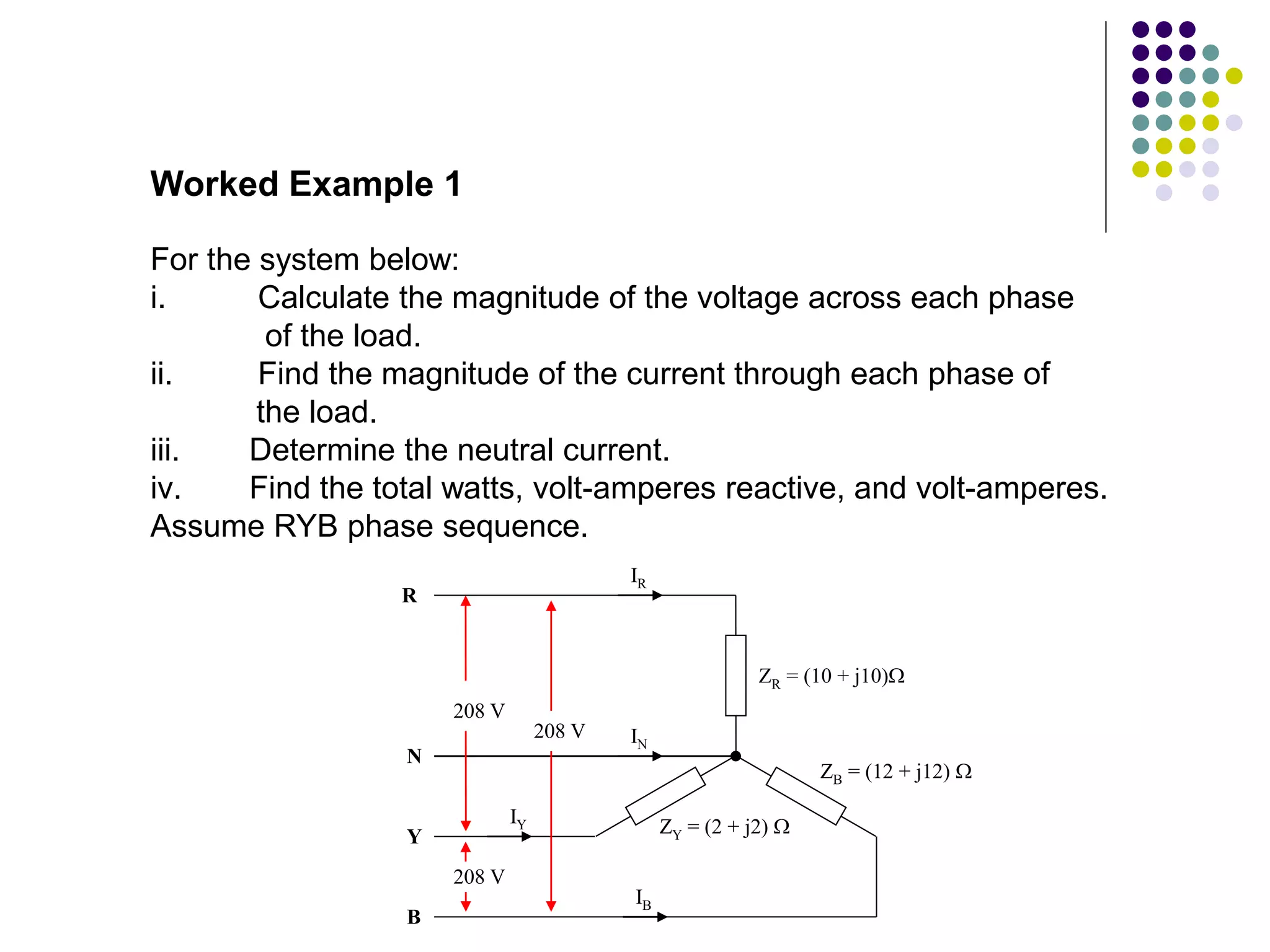 For the system below:
i. Calculate the magnitude of the voltage across each phase
of the load.
ii. Find the magnitude of the current through each phase of
the load.
iii. Determine the neutral current.
iv. Find the total watts, volt-amperes reactive, and volt-amperes.
Assume RYB phase sequence.
Worked Example 1
ZR = (10 + j10)
R
N
Y
B
ZB = (12 + j12) 
ZY = (2 + j2) 
208 V
208 V
208 V
IR
IN
IY
IB
 