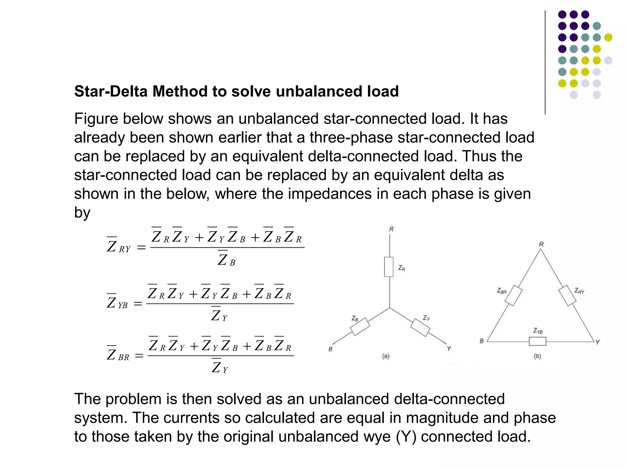 Figure below shows an unbalanced star-connected load. It has
already been shown earlier that a three-phase star-connected load
can be replaced by an equivalent delta-connected load. Thus the
star-connected load can be replaced by an equivalent delta as
shown in the below, where the impedances in each phase is given
by
Star-Delta Method to solve unbalanced load
B
R
B
B
Y
Y
R
RY
Z
Z
Z
Z
Z
Z
Z
Z



Y
R
B
B
Y
Y
R
YB
Z
Z
Z
Z
Z
Z
Z
Z



Y
R
B
B
Y
Y
R
BR
Z
Z
Z
Z
Z
Z
Z
Z



The problem is then solved as an unbalanced delta-connected
system. The currents so calculated are equal in magnitude and phase
to those taken by the original unbalanced wye (Y) connected load.
 
