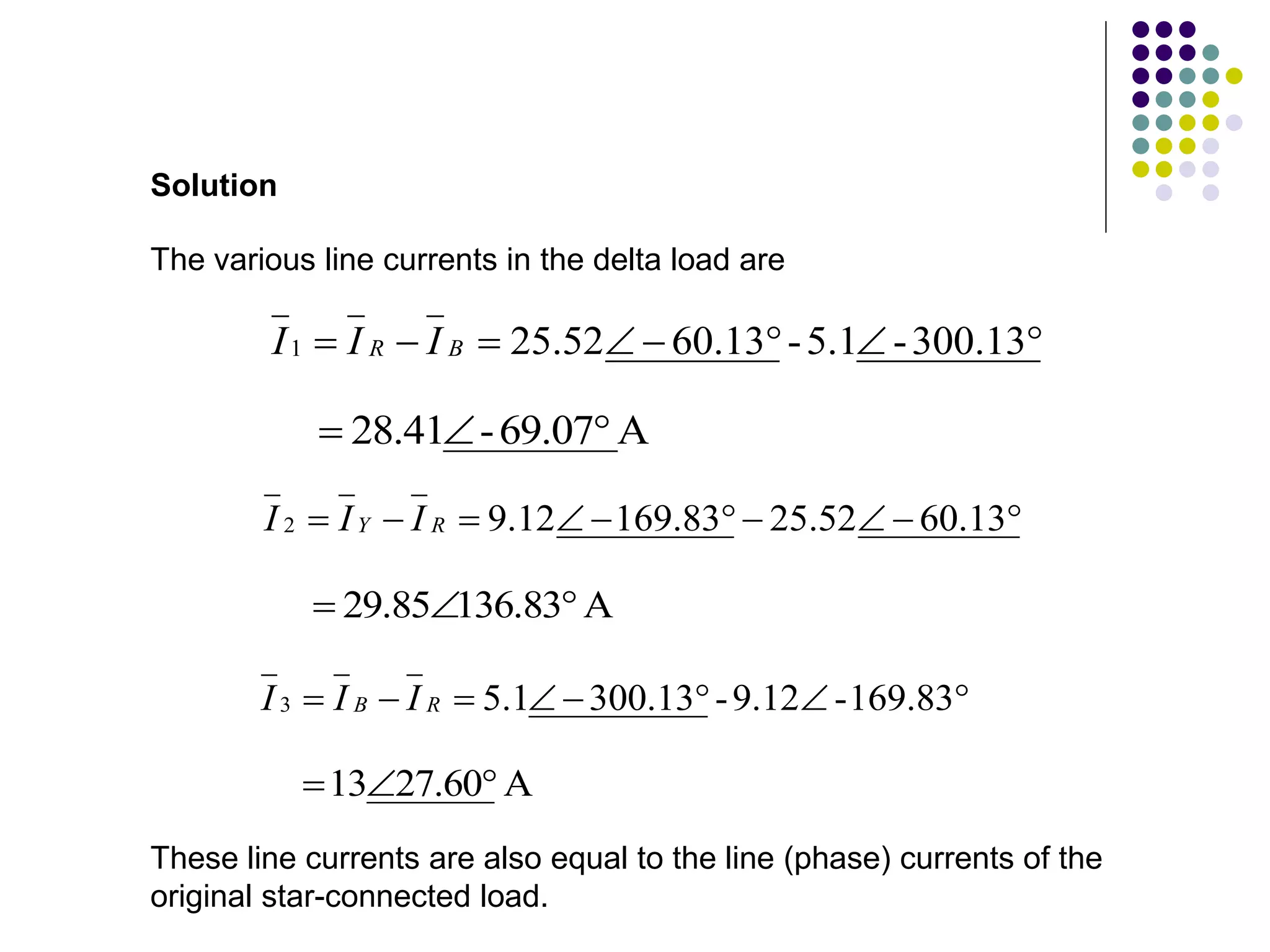 The various line currents in the delta load are







 300.13
-
5.1
-
13
.
60
52
.
25
1 B
R I
I
I
A
69.07
-
28.41 











 13
.
60
52
.
25
83
.
169
12
.
9
2 R
Y I
I
I
A
136.83
29.85 









 169.83
-
9.12
-
13
.
300
1
.
5
3 R
B I
I
I
A
60
.
27
13 


These line currents are also equal to the line (phase) currents of the
original star-connected load.
Solution
 