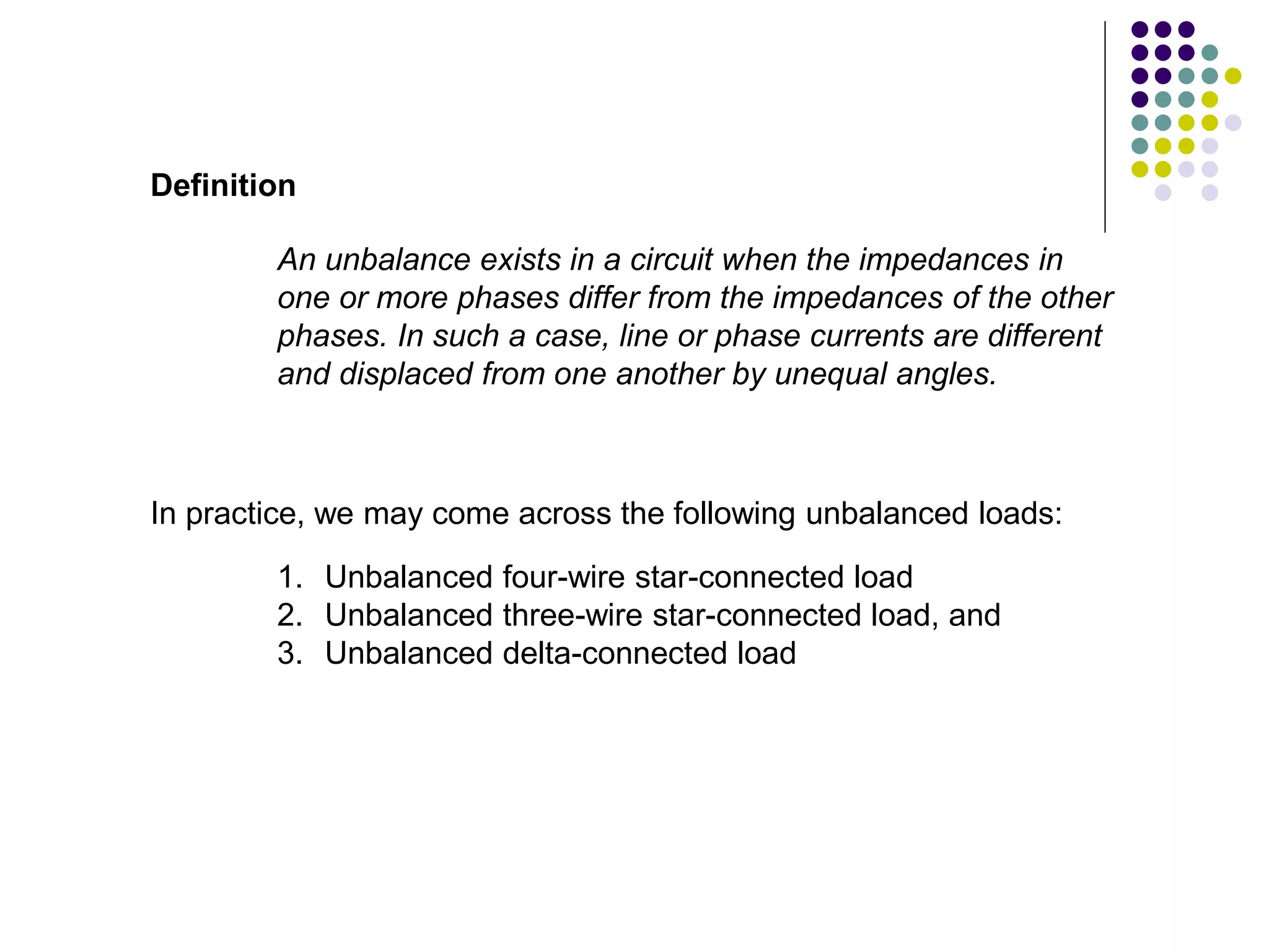 An unbalance exists in a circuit when the impedances in
one or more phases differ from the impedances of the other
phases. In such a case, line or phase currents are different
and displaced from one another by unequal angles.
Definition
In practice, we may come across the following unbalanced loads:
1. Unbalanced four-wire star-connected load
2. Unbalanced three-wire star-connected load, and
3. Unbalanced delta-connected load
 