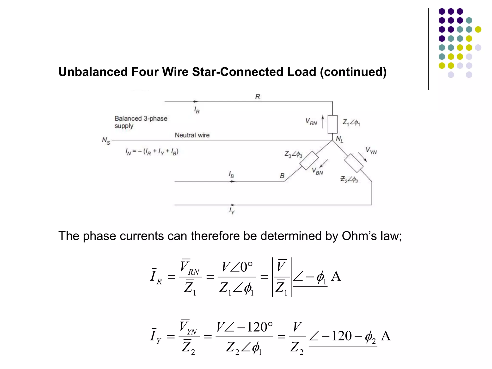 The phase currents can therefore be determined by Ohm’s law;
Unbalanced Four Wire Star-Connected Load (continued)
A
0
1
1
1
1
1










Z
V
Z
V
Z
V
I RN
R
A
120
120
2
2
1
2
2












Z
V
Z
V
Z
V
I YN
Y
 