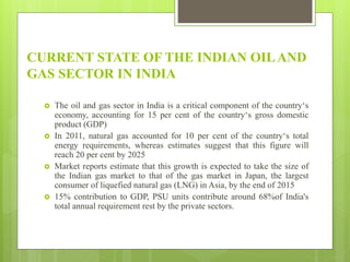 CURRENT STATE OF THE INDIAN OILAND
GAS SECTOR IN INDIA
 The oil and gas sector in India is a critical component of the country‘s
economy, accounting for 15 per cent of the country‘s gross domestic
product (GDP)
 In 2011, natural gas accounted for 10 per cent of the country‘s total
energy requirements, whereas estimates suggest that this figure will
reach 20 per cent by 2025
 Market reports estimate that this growth is expected to take the size of
the Indian gas market to that of the gas market in Japan, the largest
consumer of liquefied natural gas (LNG) in Asia, by the end of 2015
 15% contribution to GDP, PSU units contribute around 68%of India's
total annual requirement rest by the private sectors.
 