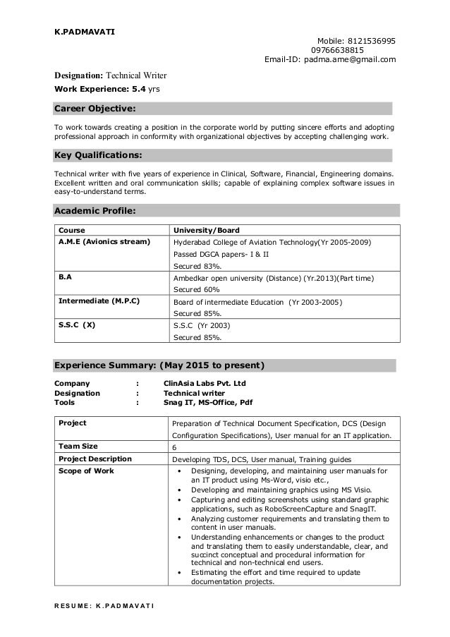 technical writer resume padmavati 1 resume technical