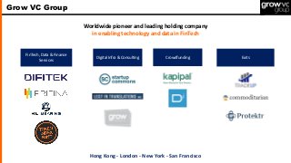 FinTech, Data & Finance
Services
Digital Infra & Consulting Exits
Grow VC Group
Worldwide pioneer and leading holding company
in enabling technology and data in FinTech
Hong Kong - London - New York - San Francisco
Crowdfunding
 