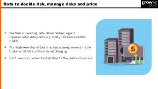 ▪ Real time onboarding, data-driven decisioning and
unprecedented data points; e.g. totally new loan and debt
market
▪ If central ownership of data is no longer a requirement – is the
fundamental fabric of the Internet changing
▪ PSD2 is more important for data than for the platform business
Data to decide risk, manage risks and price
 