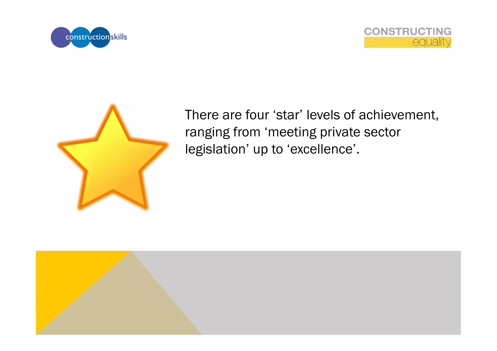 There are four ‘star’ levels of achievement,
ranging from ‘meeting private sector
legislation’ up to ‘excellence’.
 