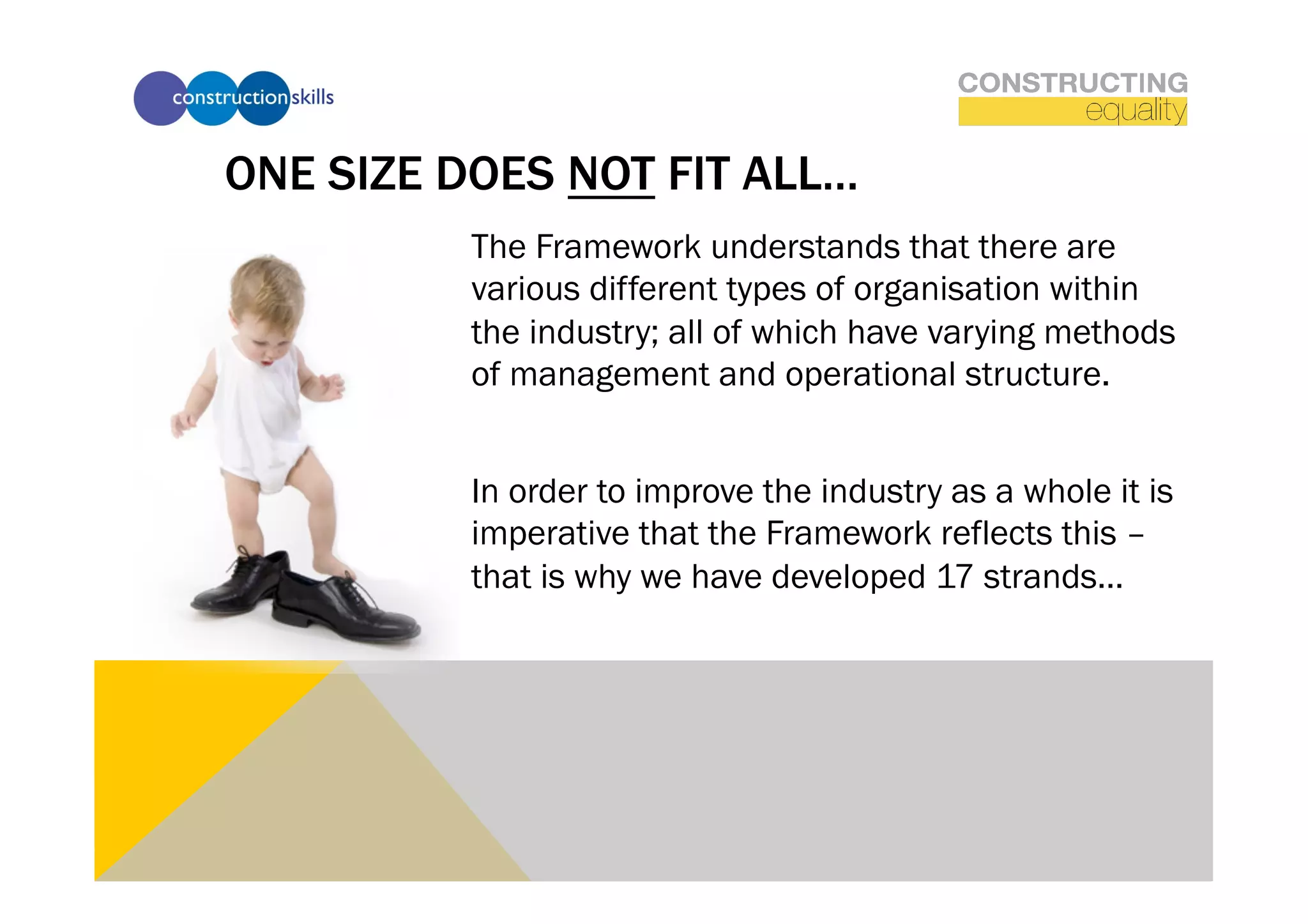 ONE SIZE DOES NOT FIT ALL…
          The Framework understands that there are
          various different types of organisation within
          the industry; all of which have varying methods
          of management and operational structure.


          In order to improve the industry as a whole it is
          imperative that the Framework reflects this –
          that is why we have developed 17 strands…
 