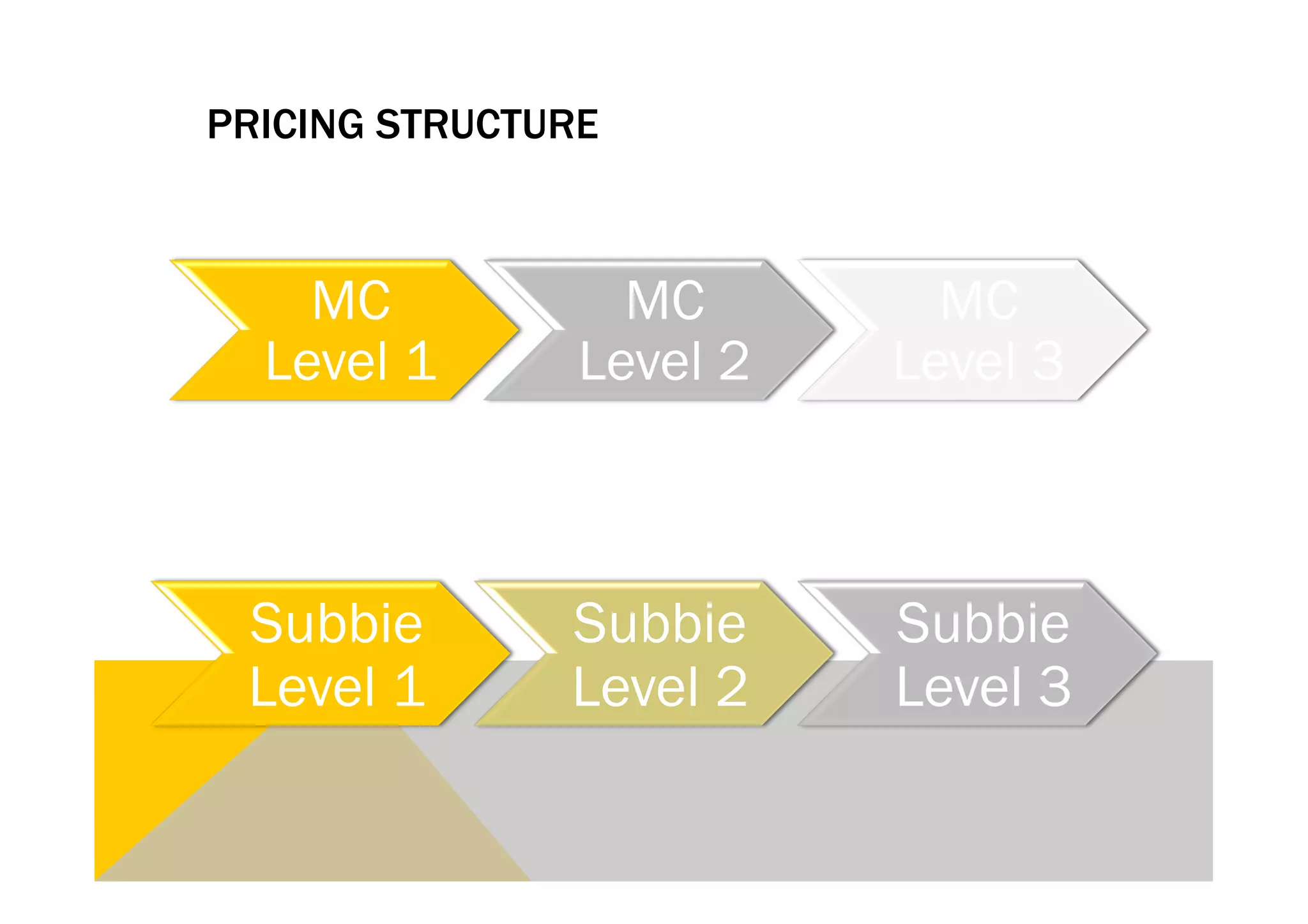 PRICING STRUCTURE



    MC            MC        MC
  Level 1       Level 2   Level 3



 Subbie        Subbie     Subbie
 Level 1       Level 2    Level 3
 