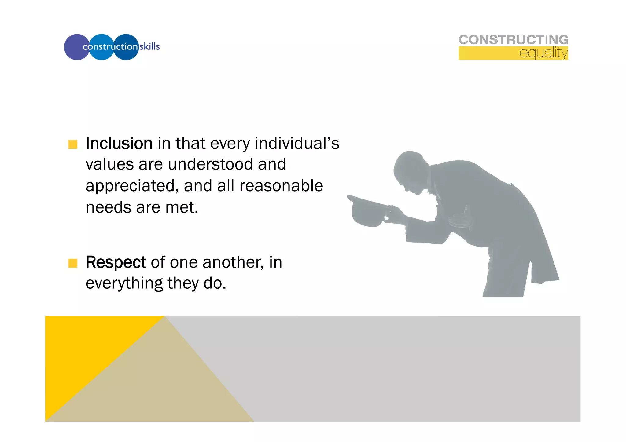 !   Inclusion in that every individual’s
    values are understood and
    appreciated, and all reasonable
    needs are met.


!   Respect of one another, in
    everything they do.
 