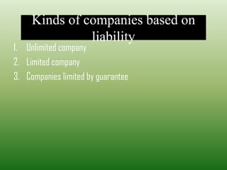 Kinds of companies based on
liability
1. Unlimited company
2. Limited company
3. Companies limited by guarantee
 