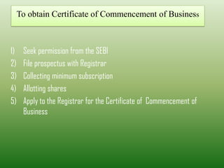 To obtain Certificate of Commencement of Business
1) Seek permission from the SEBI
2) File prospectus with Registrar
3) Collecting minimum subscription
4) Allotting shares
5) Apply to the Registrar for the Certificate of Commencement of
Business
 