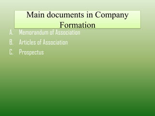 Main documents in Company
Formation
A. Memorandum of Association
B. Articles of Association
C. Prospectus
 