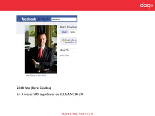 2648 fans (Bere Casillas)
En 3 meses 500 seguidores en ELEGANCIA 2.0
 