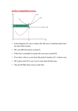 perfect competition-Losses.
• In this diagram AC curve is above the AR curve. It indicates that Costs
are more than revenue.
• MC cuts MR from below at point E.
• If this line is extended it touches the cost curve at point M.
• If we draw a line to y-axis from this point It touches at C, it shows cost.
• OP is price and CO is cost .Cost is more than the Revenue.
• The area PCME shows losses to the firm.
 