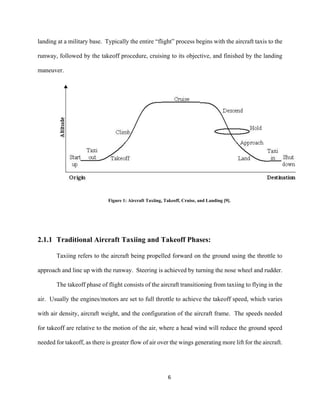 6
landing at a military base. Typically the entire “flight” process begins with the aircraft taxis to the
runway, followed by the takeoff procedure, cruising to its objective, and finished by the landing
maneuver.
Figure 1: Aircraft Taxiing, Takeoff, Cruise, and Landing [9].
2.1.1 Traditional Aircraft Taxiing and Takeoff Phases:
Taxiing refers to the aircraft being propelled forward on the ground using the throttle to
approach and line up with the runway. Steering is achieved by turning the nose wheel and rudder.
The takeoff phase of flight consists of the aircraft transitioning from taxiing to flying in the
air. Usually the engines/motors are set to full throttle to achieve the takeoff speed, which varies
with air density, aircraft weight, and the configuration of the aircraft frame. The speeds needed
for takeoff are relative to the motion of the air, where a head wind will reduce the ground speed
needed for takeoff, as there is greater flow of air over the wings generating more lift for the aircraft.
 