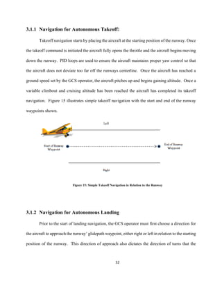 32
3.1.1 Navigation for Autonomous Takeoff:
Takeoff navigation starts by placing the aircraft at the starting position of the runway. Once
the takeoff command is initiated the aircraft fully opens the throttle and the aircraft begins moving
down the runway. PID loops are used to ensure the aircraft maintains proper yaw control so that
the aircraft does not deviate too far off the runways centerline. Once the aircraft has reached a
ground speed set by the GCS operator, the aircraft pitches up and begins gaining altitude. Once a
variable climbout and cruising altitude has been reached the aircraft has completed its takeoff
navigation. Figure 15 illustrates simple takeoff navigation with the start and end of the runway
waypoints shown.
Figure 15: Simple Takeoff Navigation in Relation to the Runway
3.1.2 Navigation for Autonomous Landing
Prior to the start of landing navigation, the GCS operator must first choose a direction for
the aircraft to approach the runway’ glidepath waypoint, either right or left in relation to the starting
position of the runway. This direction of approach also dictates the direction of turns that the
 