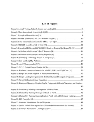 v
List of Figures
Figure 1: Aircraft Taxiing, Takeoff, Cruise, and Landing [9]........................................................ 6
Figure 2: Three dimensional view of the ILS [13]. ........................................................................ 8
Figure 3: Example of laser altimeter [16]....................................................................................... 9
Figure 4: OPATS System (left) and UAV reflector x(right) [17]................................................. 10
Figure 5: Roke Miniature Radar Altimeter (MRA) Type 2 [18]. ................................................. 11
Figure 6: THALES MAGIC ATOL System [19]. ........................................................................ 12
Figure 7: Example of Differential GPS (DGPS) Receiver: Trimble NavBeaconXL [20]............ 13
Figure 8: Stellenbosch University's Takeoff Sequence [4]........................................................... 16
Figure 9: Stellenbosch University's Landing Sequence [4].......................................................... 17
Figure 10: Cloud Cap Technology Piccolo II Autopilot [27]....................................................... 26
Figure 11: Carl Goldberg Mig Airframe....................................................................................... 27
Figure 12: miniFCS developed at VCU........................................................................................ 28
Figure 13: VCU’s Ground Control Station (GCS). ...................................................................... 29
Figure 14: Hardware connection between the miniFCS, HILS, and FlightGear [28]. ................. 30
Figure 15: Simple Takeoff Navigation in Relation to the Runway .............................................. 32
Figure 16: Simple Landing Navigation with Traffic Pattern and Glidepath Waypoints.............. 34
Figure 17: Target Glidepath Altitude Calculation ........................................................................ 39
Figure 18: Diagram of Runway, Showing Traffic Pattern and Glidepath Waypoints and Bearings
....................................................................................................................................................... 40
Figure 19: Charles City Runway Running From South to North ................................................. 41
Figure 20: Charles City Runway Bearings for South to North..................................................... 42
Figure 21: Charles City Runway Running South to North with All Calculated Variables .......... 44
Figure 22: PID Controller [6] ....................................................................................................... 47
Figure 23: Complete Autonomous Takeoff Sequence.................................................................. 49
Figure 24: Traffic Pattern Showing the Two Different Directions around the Runway .............. 52
Figure 25: Complete Autonomous Landing Sequence ................................................................. 54
 